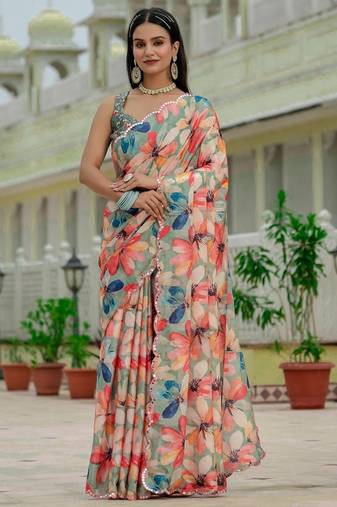 Green colour ready to wear floral chinon saree with mirror border