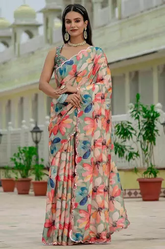 Green colour ready to wear floral chinon saree with mirror border