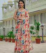 Green colour ready to wear floral chinon saree with mirror border