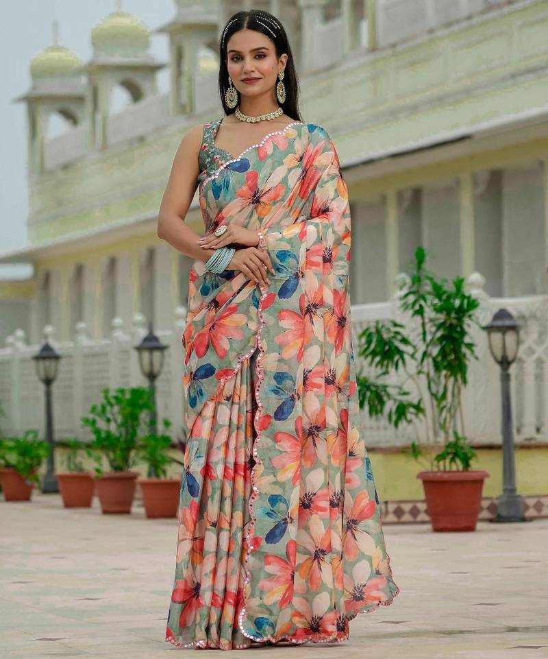Green colour ready to wear floral chinon saree with mirror border