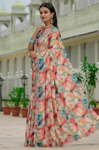 Green colour ready to wear floral chinon saree with mirror border