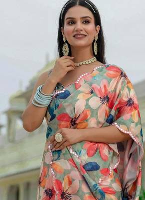 Green colour ready to wear floral chinon saree with mirror border 3