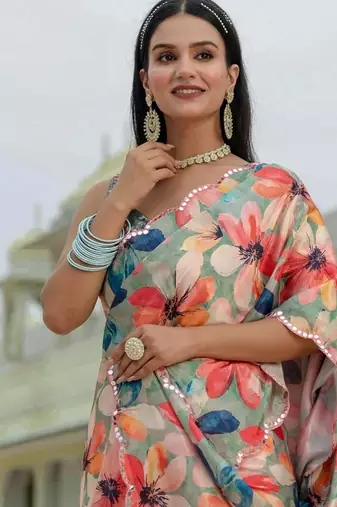 Green colour ready to wear floral chinon saree with mirror border