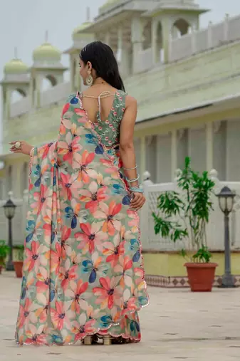 Green colour ready to wear floral chinon saree with mirror border