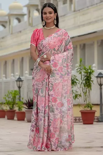 Pink colour ready to wear floral chinon saree with mirror border