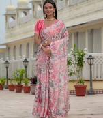 Pink colour ready to wear floral chinon saree with mirror border