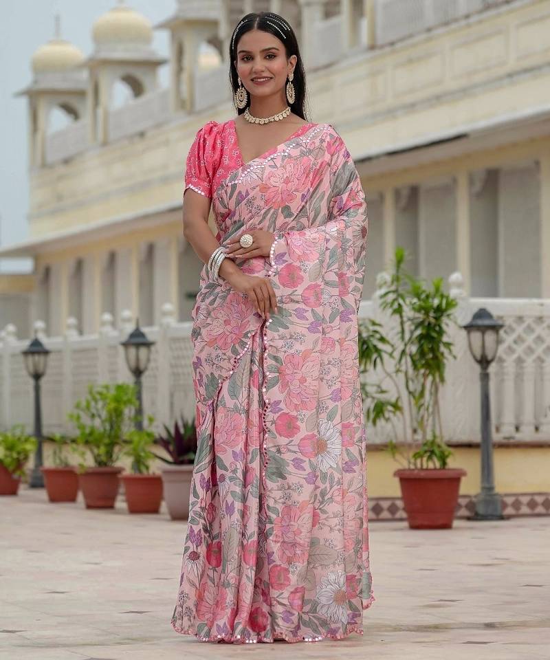 Pink colour ready to wear floral chinon saree with mirror border