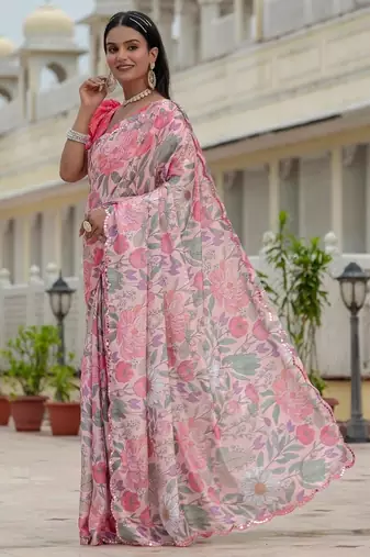 Pink colour ready to wear floral chinon saree with mirror border