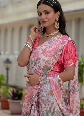 Pink colour ready to wear floral chinon saree with mirror border 3