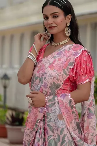 Pink colour ready to wear floral chinon saree with mirror border