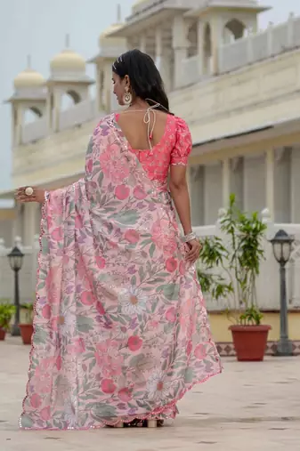 Pink colour ready to wear floral chinon saree with mirror border