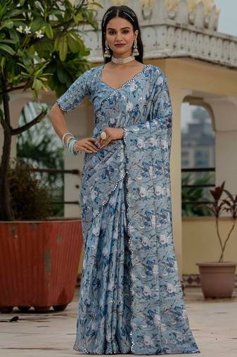Blue colour ready to wear floral chinon saree with mirror border