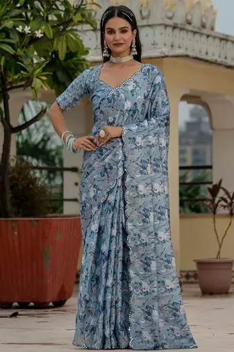 Blue colour ready to wear floral chinon saree with mirror border