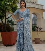Blue colour ready to wear floral chinon saree with mirror border