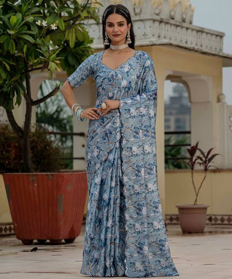 Blue colour ready to wear floral chinon saree with mirror border