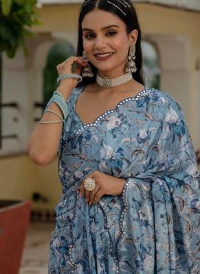 Blue colour ready to wear floral chinon saree with mirror border 2