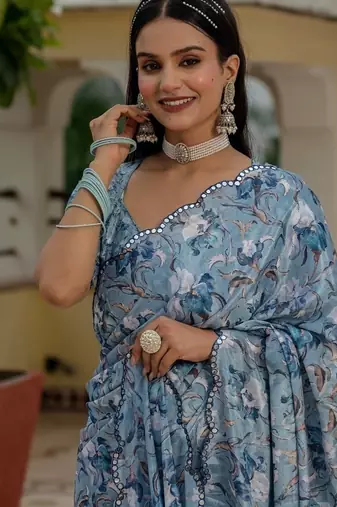 Blue colour ready to wear floral chinon saree with mirror border