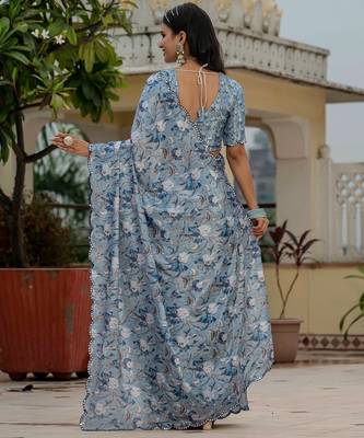 Blue colour ready to wear floral chinon saree with mirror border 3