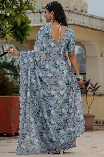 Blue colour ready to wear floral chinon saree with mirror border