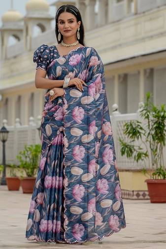 Blue colour ready to wear floral chinon saree with mirror border