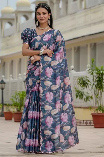 Blue colour ready to wear floral chinon saree with mirror border