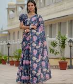 Blue colour ready to wear floral chinon saree with mirror border