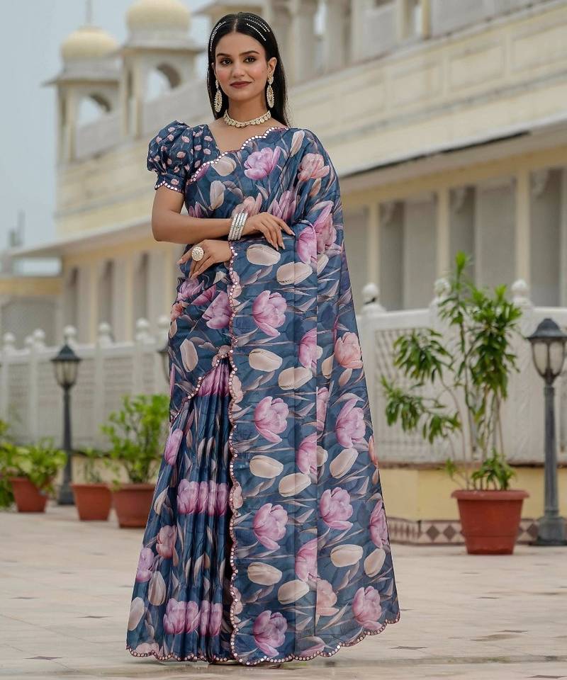 Blue colour ready to wear floral chinon saree with mirror border