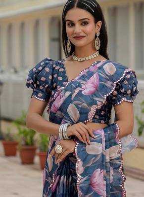 Blue colour ready to wear floral chinon saree with mirror border 2