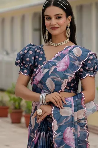 Blue colour ready to wear floral chinon saree with mirror border