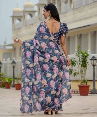 Blue colour ready to wear floral chinon saree with mirror border 3