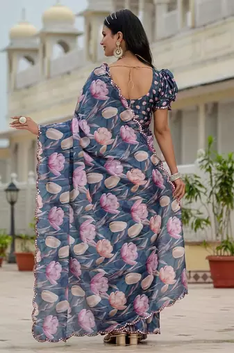 Blue colour ready to wear floral chinon saree with mirror border