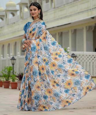 Sky blue colour ready to wear floral chinon saree with mirror border 1