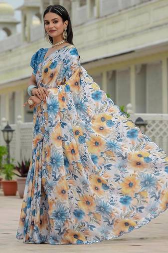 Sky blue colour ready to wear floral chinon saree with mirror border