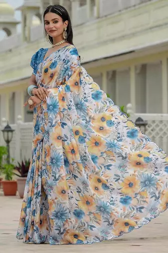 Sky blue colour ready to wear floral chinon saree with mirror border
