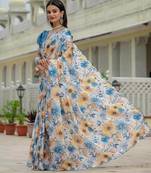 Sky blue colour ready to wear floral chinon saree with mirror border