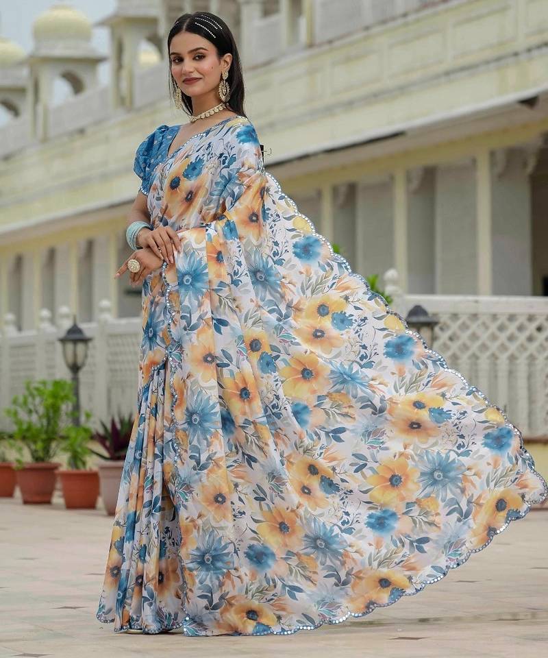 Sky blue colour ready to wear floral chinon saree with mirror border