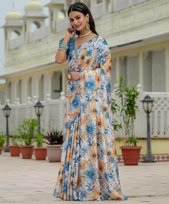 Sky blue colour ready to wear floral chinon saree with mirror border 2