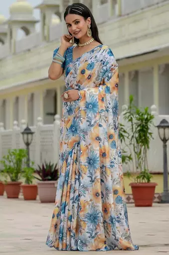 Sky blue colour ready to wear floral chinon saree with mirror border