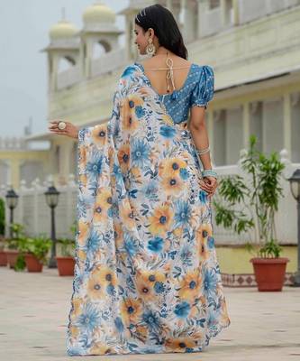 Sky blue colour ready to wear floral chinon saree with mirror border 3