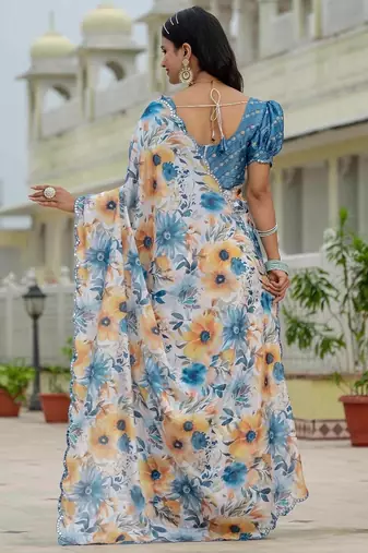 Sky blue colour ready to wear floral chinon saree with mirror border