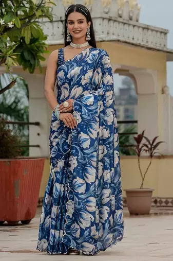 Blue colour ready to wear floral chinon saree with mirror border