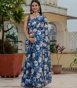Blue colour ready to wear floral chinon saree with mirror border
