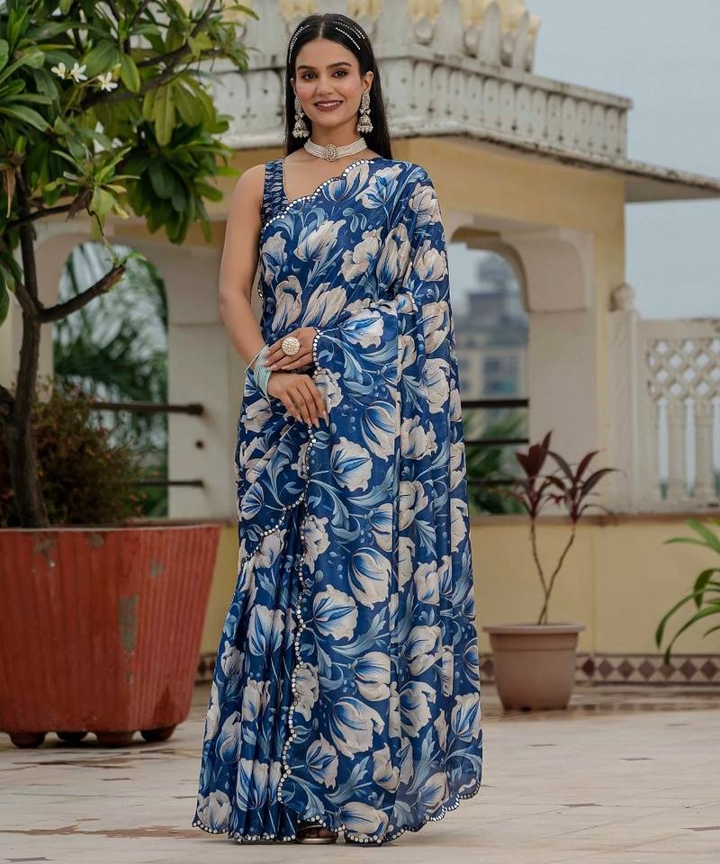Blue colour ready to wear floral chinon saree with mirror border