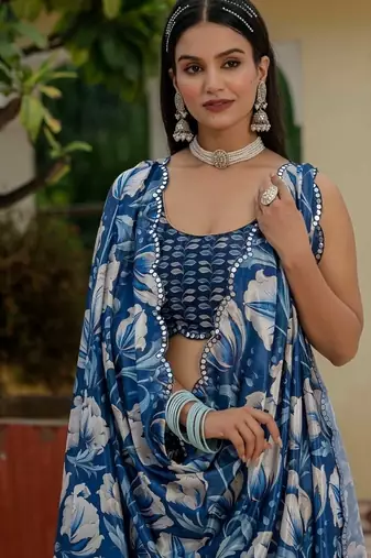 Blue colour ready to wear floral chinon saree with mirror border