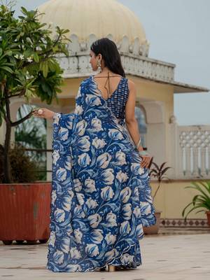 Blue colour ready to wear floral chinon saree with mirror border 3
