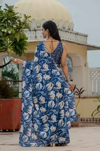 Blue colour ready to wear floral chinon saree with mirror border
