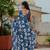 Blue colour ready to wear floral chinon saree with mirror border