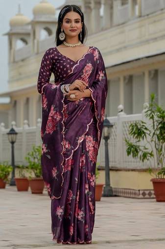 Purple colour ready to wear floral chinon saree with mirror border