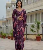 Purple colour ready to wear floral chinon saree with mirror border