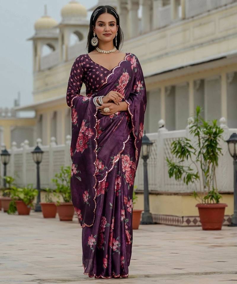 Purple colour ready to wear floral chinon saree with mirror border